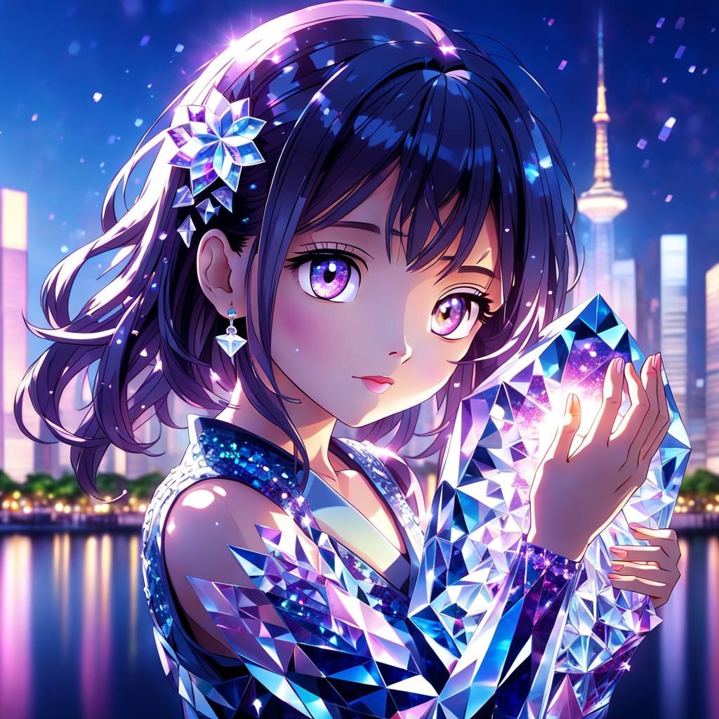 Crystal Girl with Glowing Eyes in Cityscape