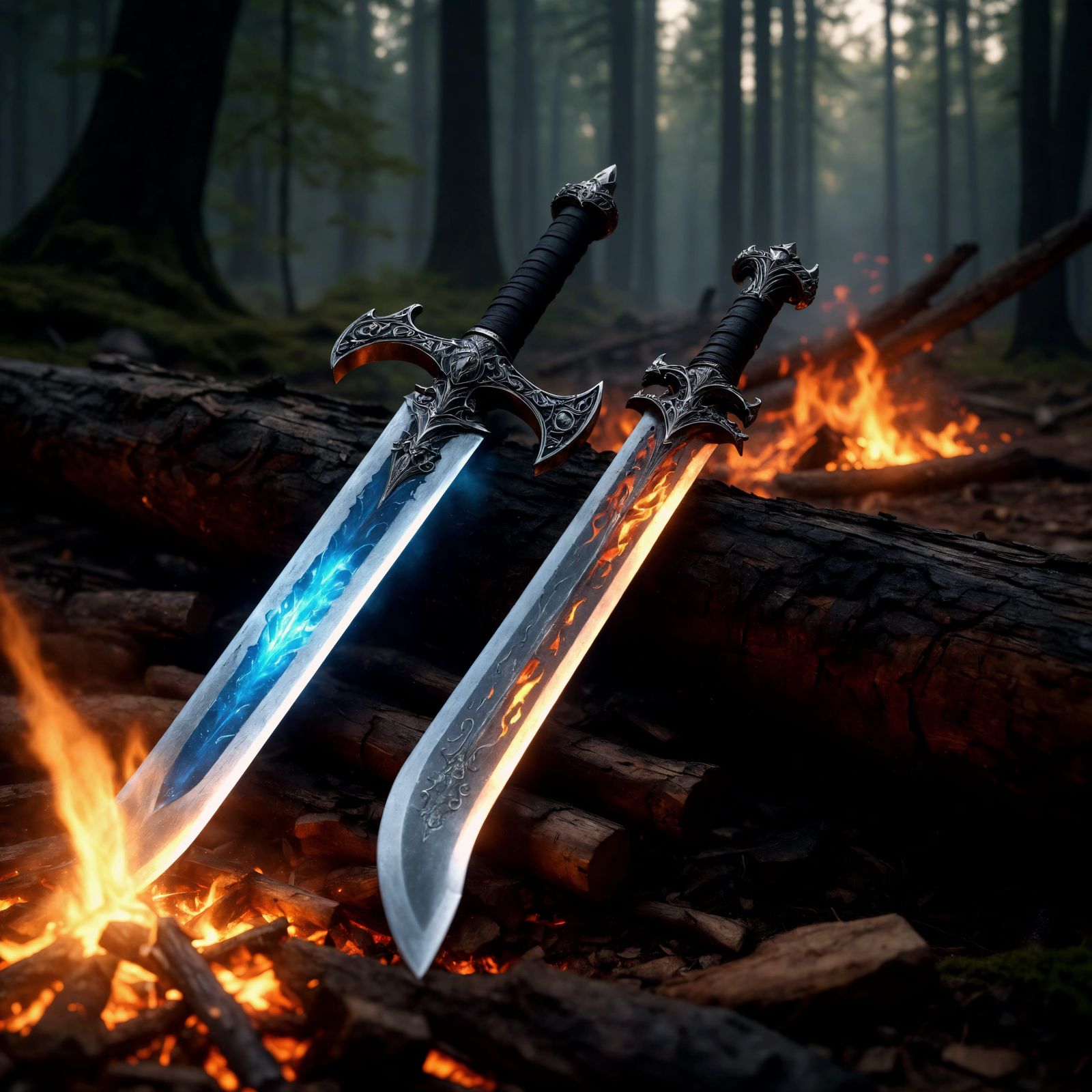 Swords Aligned Near Campfire: Fantasy Concept Art