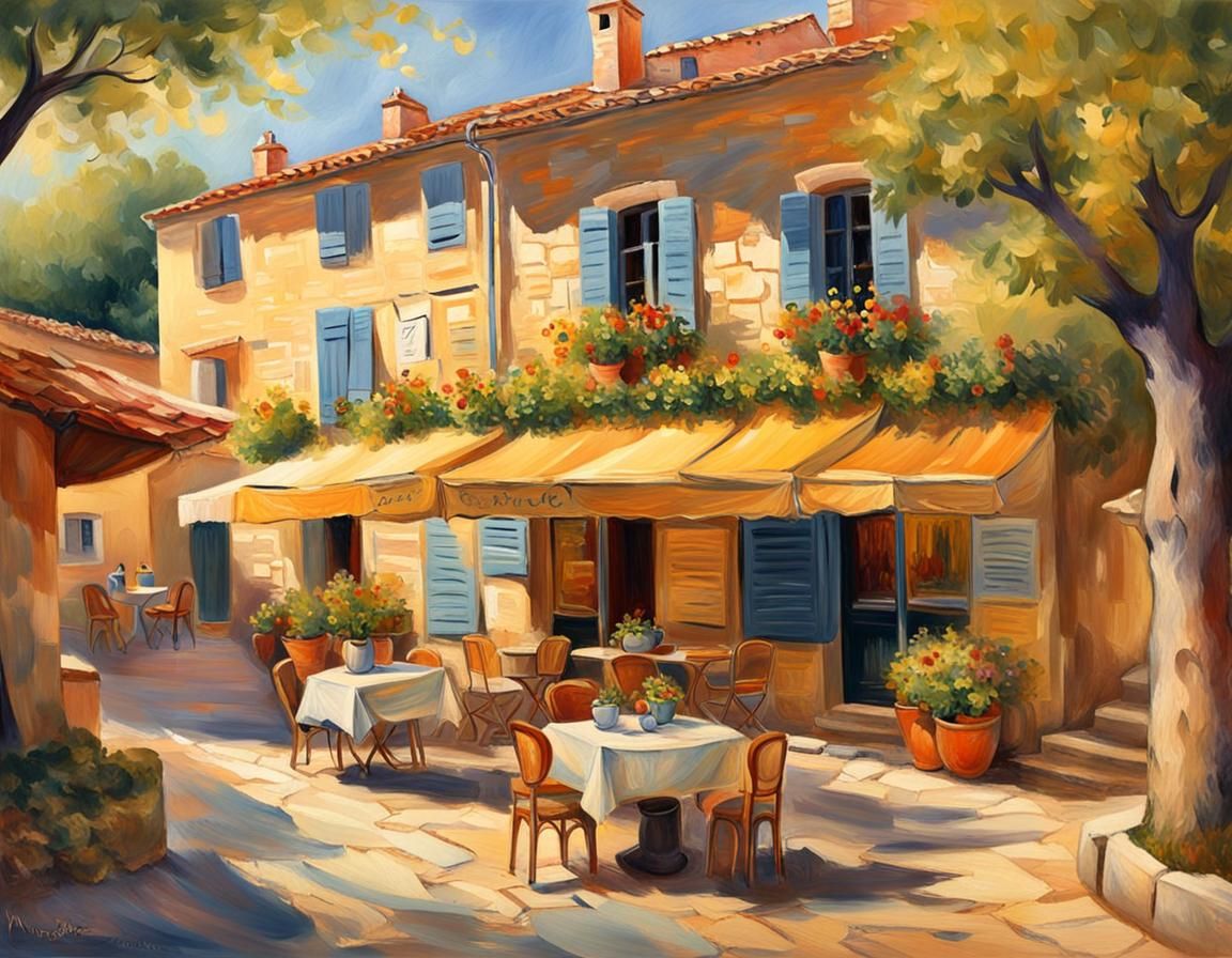 Charming Provençal Village Square in Impressionist Style