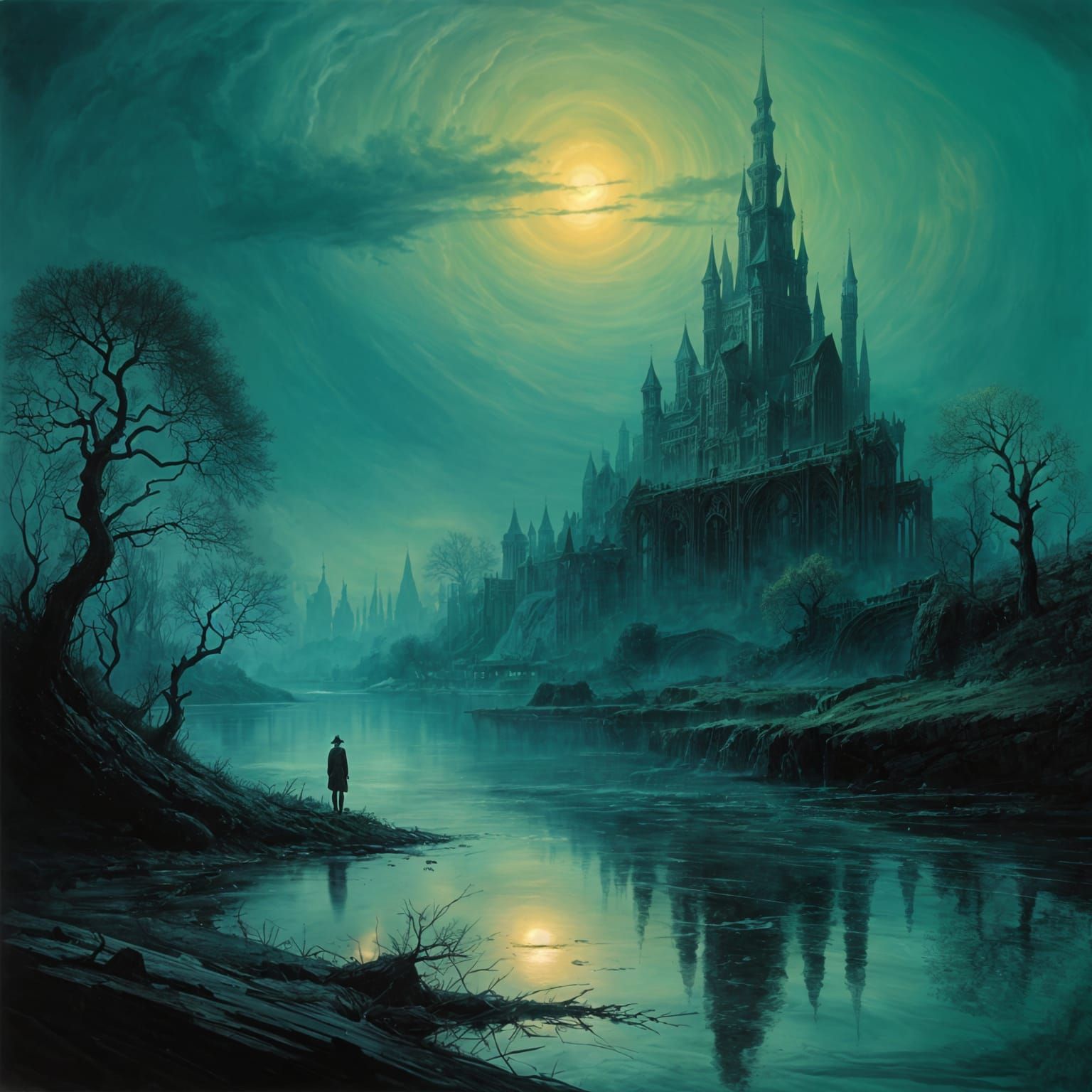 Surreal Fantasy River Landscape in Dark, Unearthly Hues