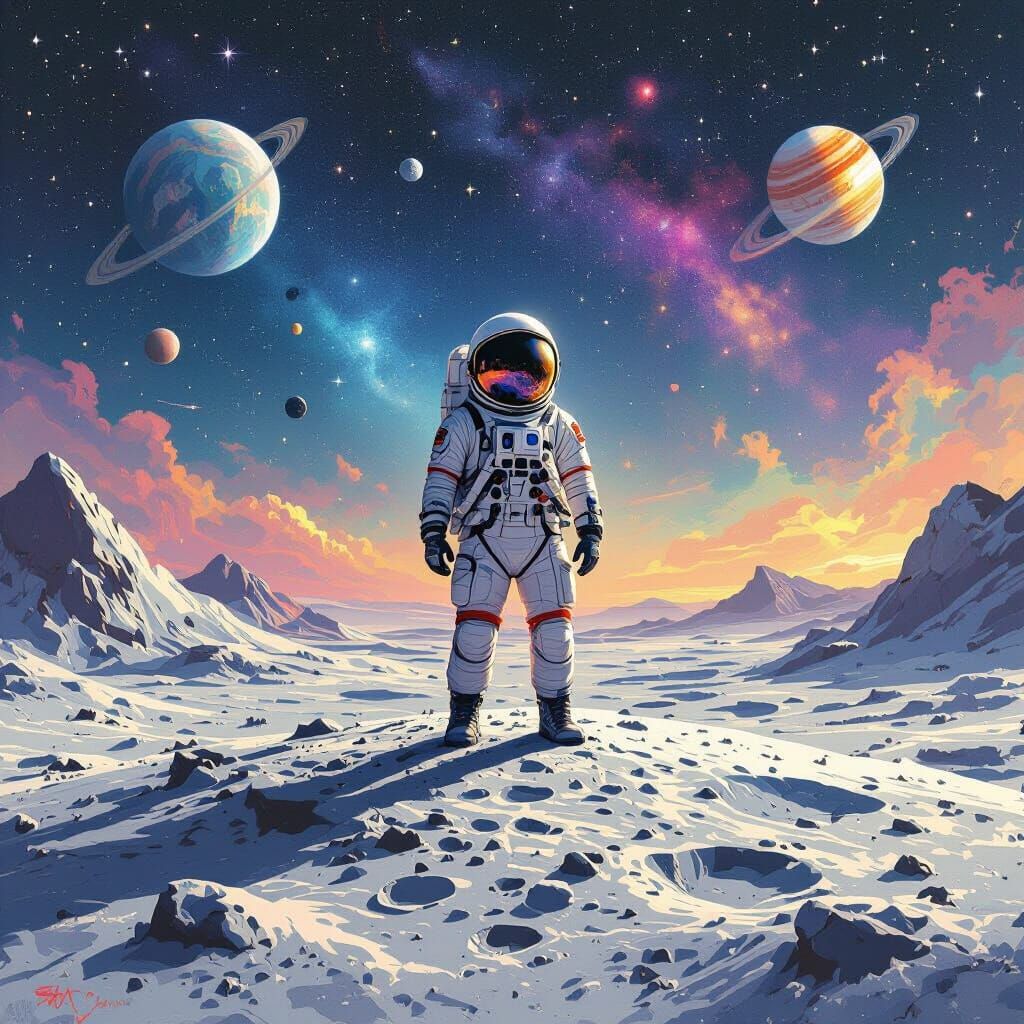 Astronaut on Moon Amidst Stars, in Ethereal Style