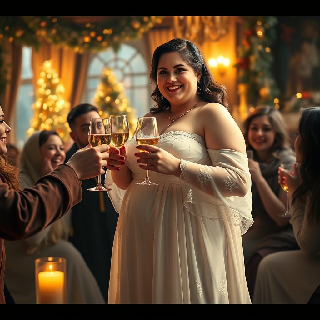 Woman in Elegant White Gown Surrounded by Friends in Winter....