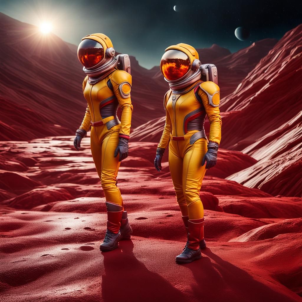 Female Astronauts on Alien Planet with Red Sun