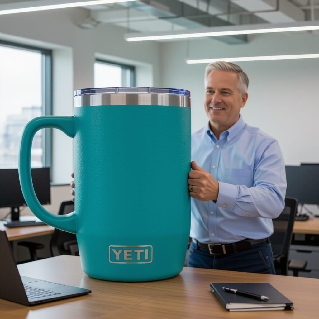 Man with Absurdly Large Water Mug in Office