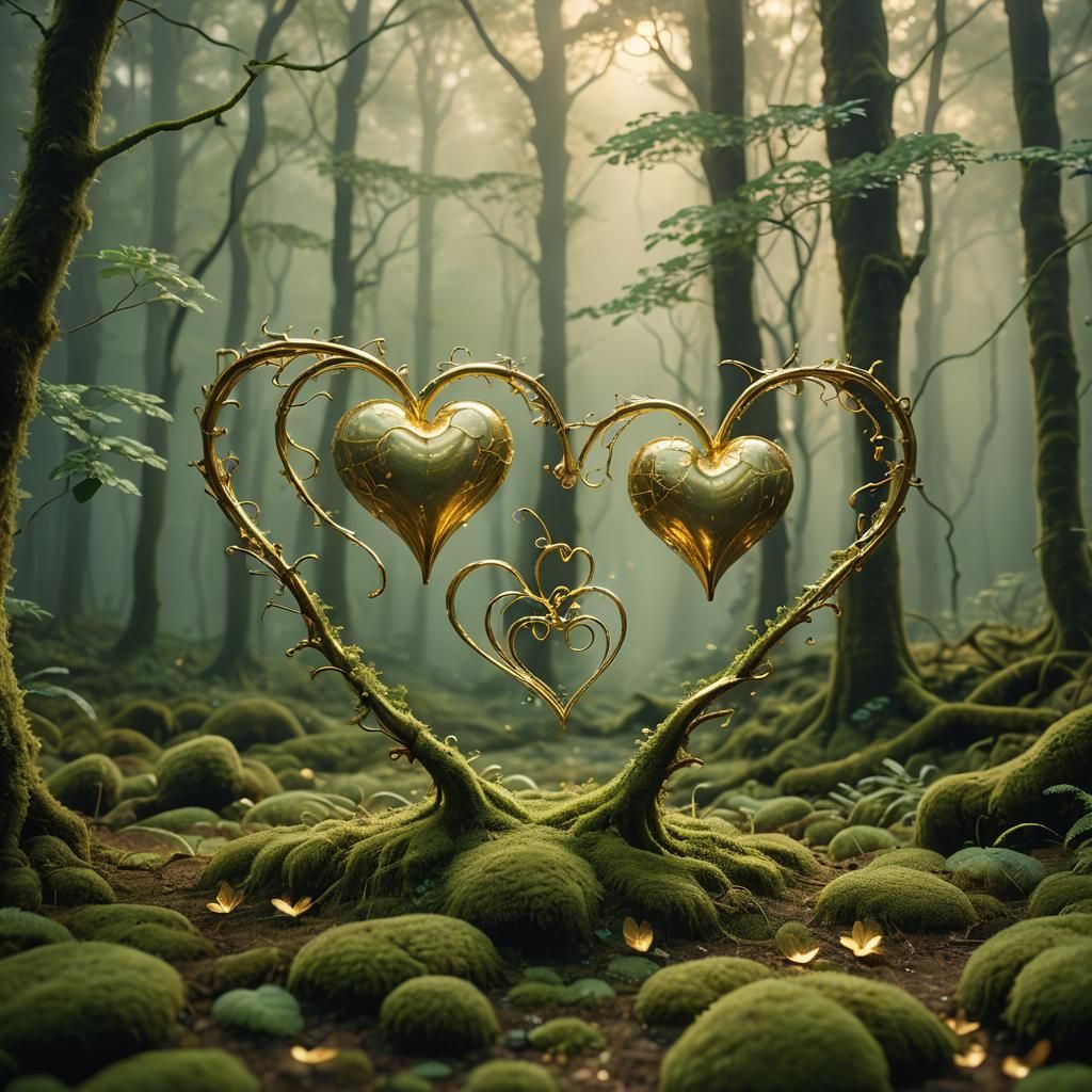 Glowing Golden Hearts in Misty Forest: Magical Realism