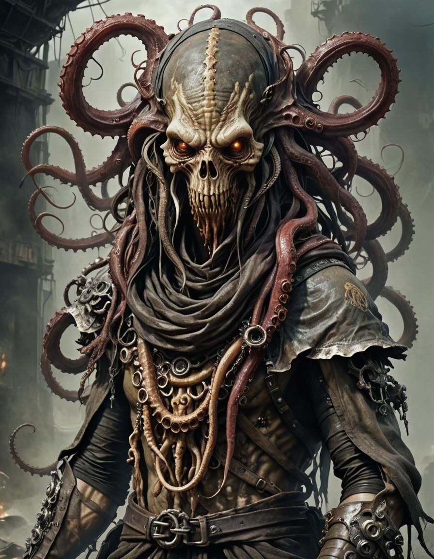 Evil Octopus-Headed Monster in Post-Apocalyptic Portrait