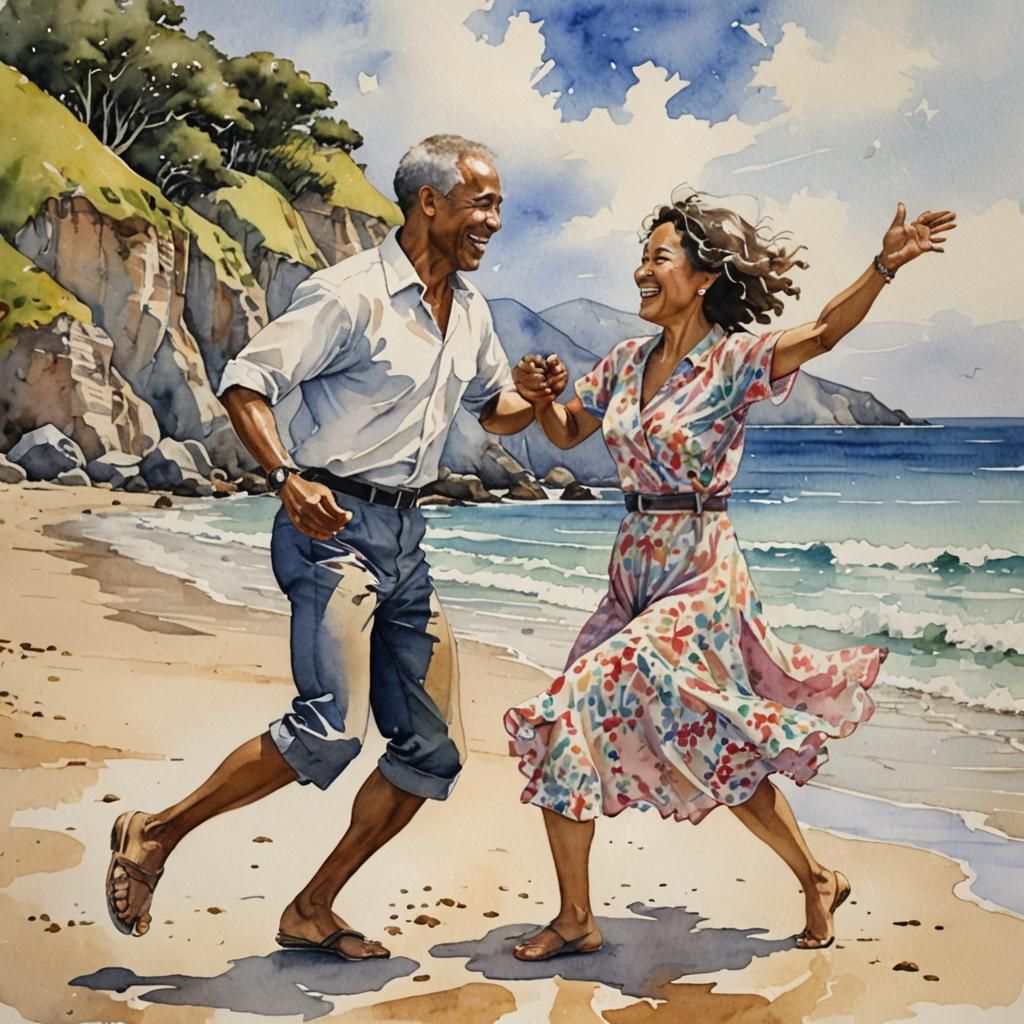 Joyous Couple Dancing on Beach in Watercolour