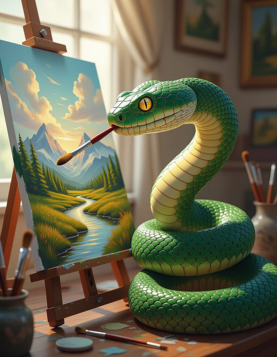 Serpent Artist Painting Landscape in Photorealistic Digital ...