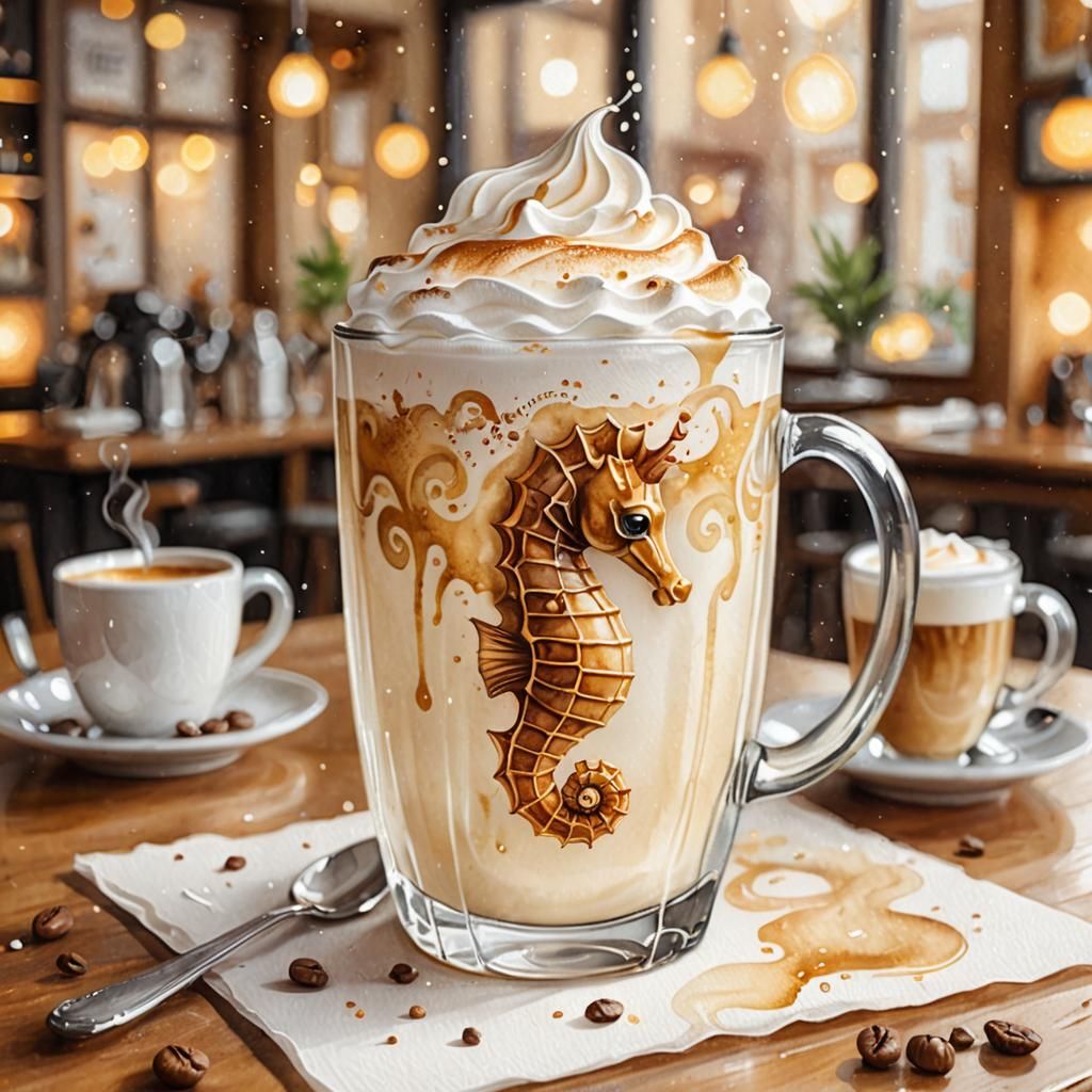 Whimsical Seahorse Latte Art in Watercolor Style