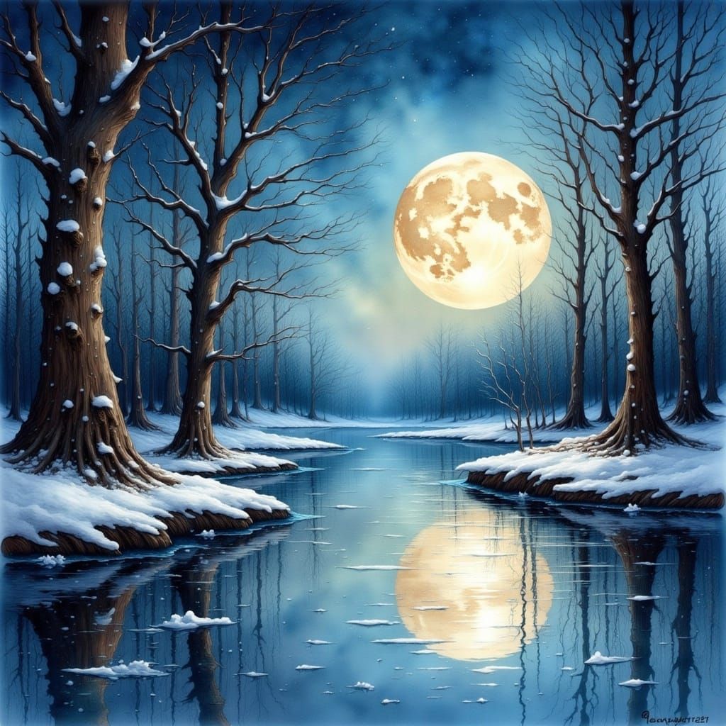 Serene Winter Night River Scene with Glowing Moon