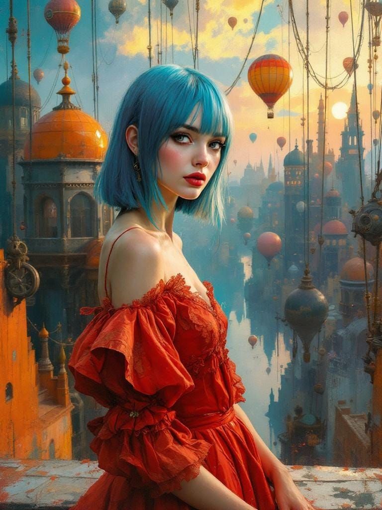 Steampunk Woman in Floating City Impasto Painting