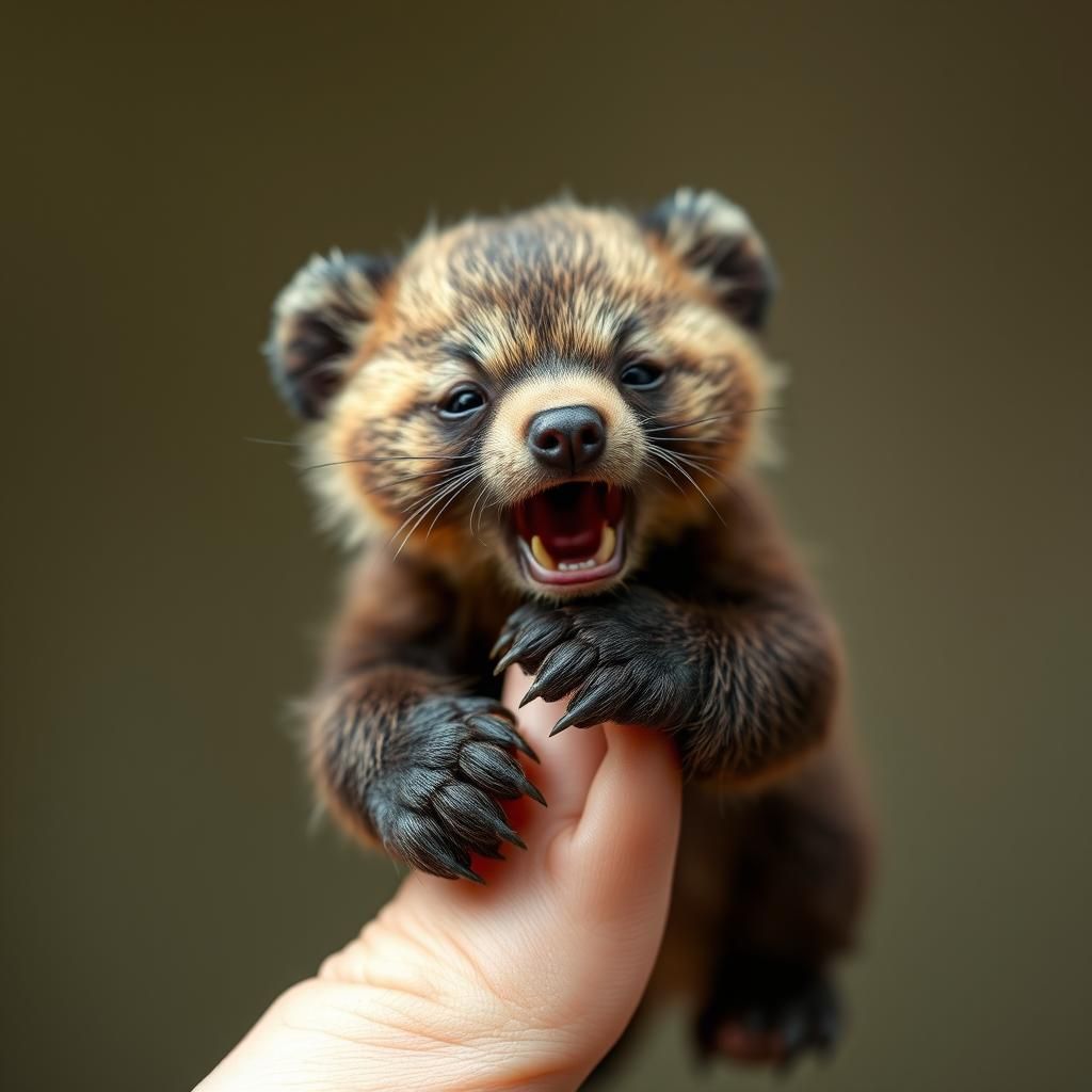 Tiny Bear Cub Roaring on a Finger