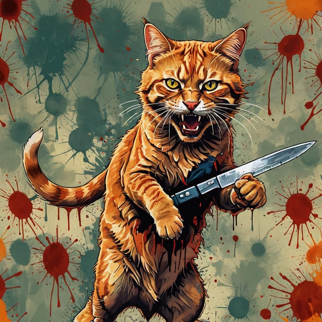 Angry Tabby Cat with Knife: Expressionist Digital Art