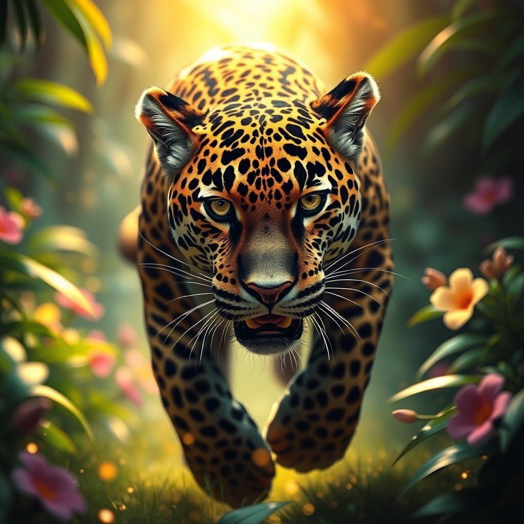 Jaguar Runs Through Rainforest in Hyperrealistic Style
