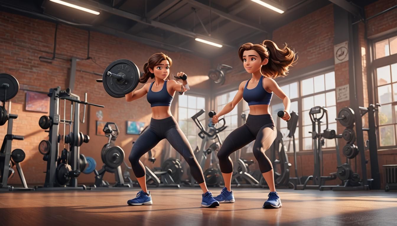 Girl Working Out in Gym: Pixar-Style 3D Digital Art