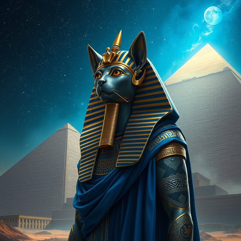 Pharaoh with Feline Features Before Pyramid in Cosmic Sky