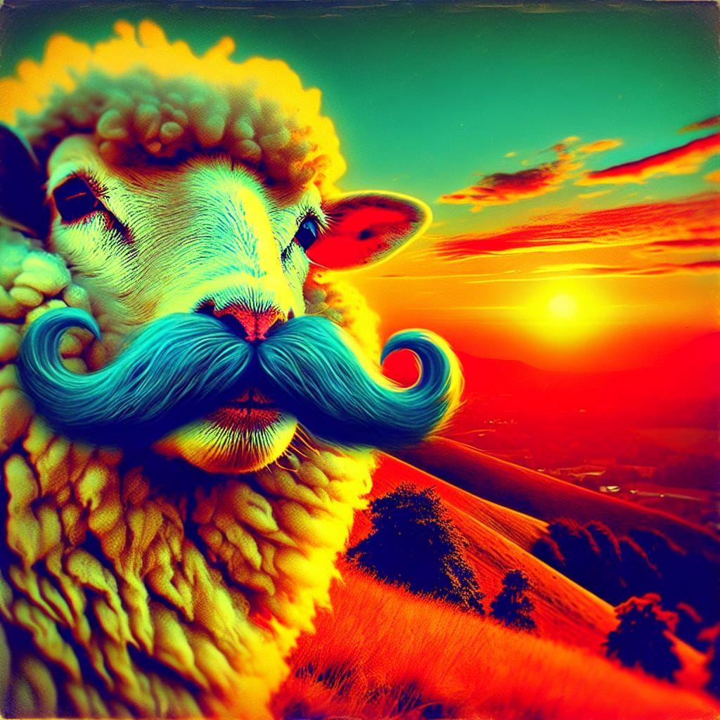 Sheep with Blue Mustache at Sunset in Vintage Style