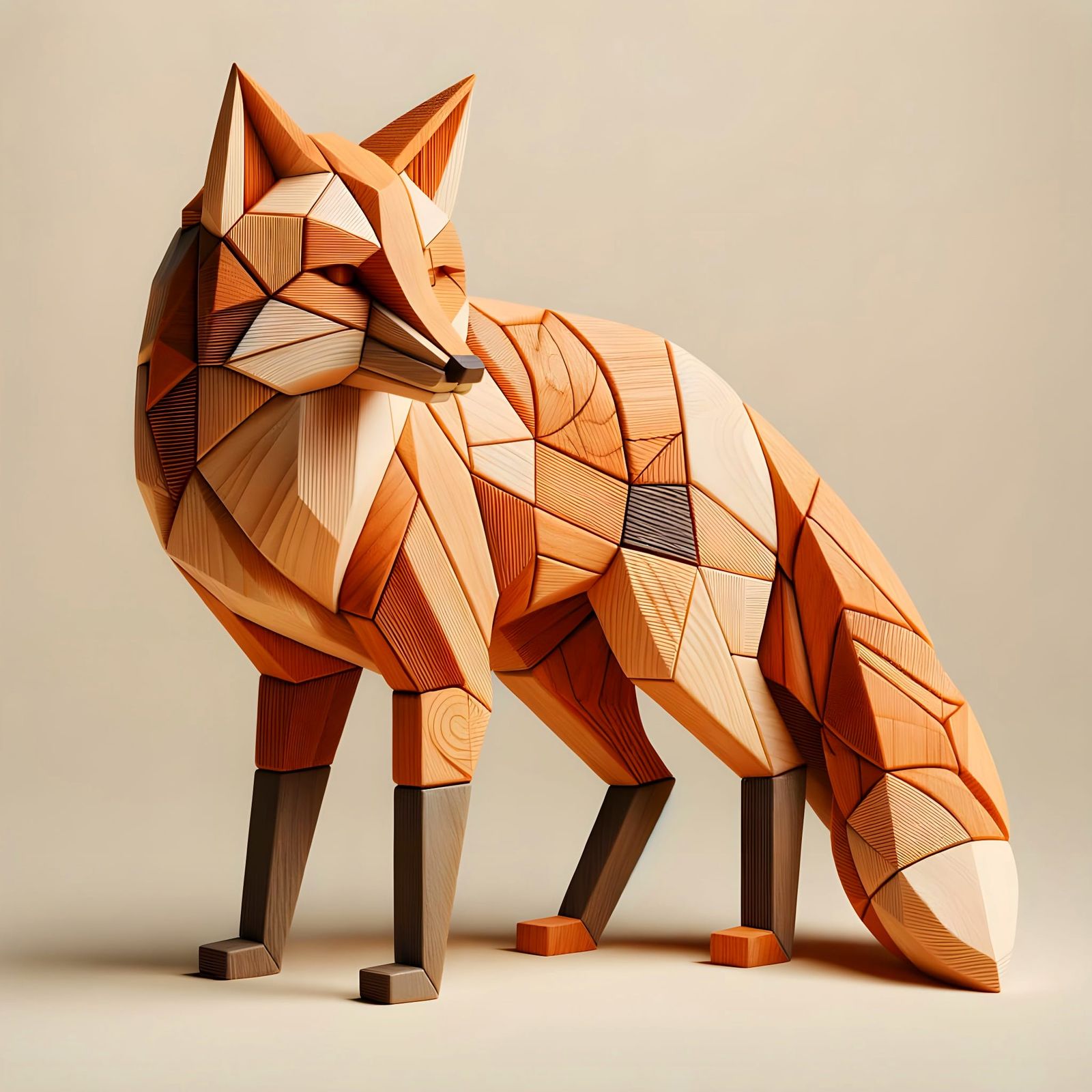 Elegant Wooden Fox Sculpture in 3D Diorama Style