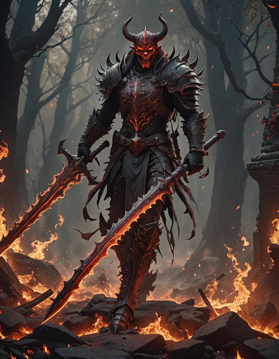 Fiery Red Demon with Flaming Greatsword