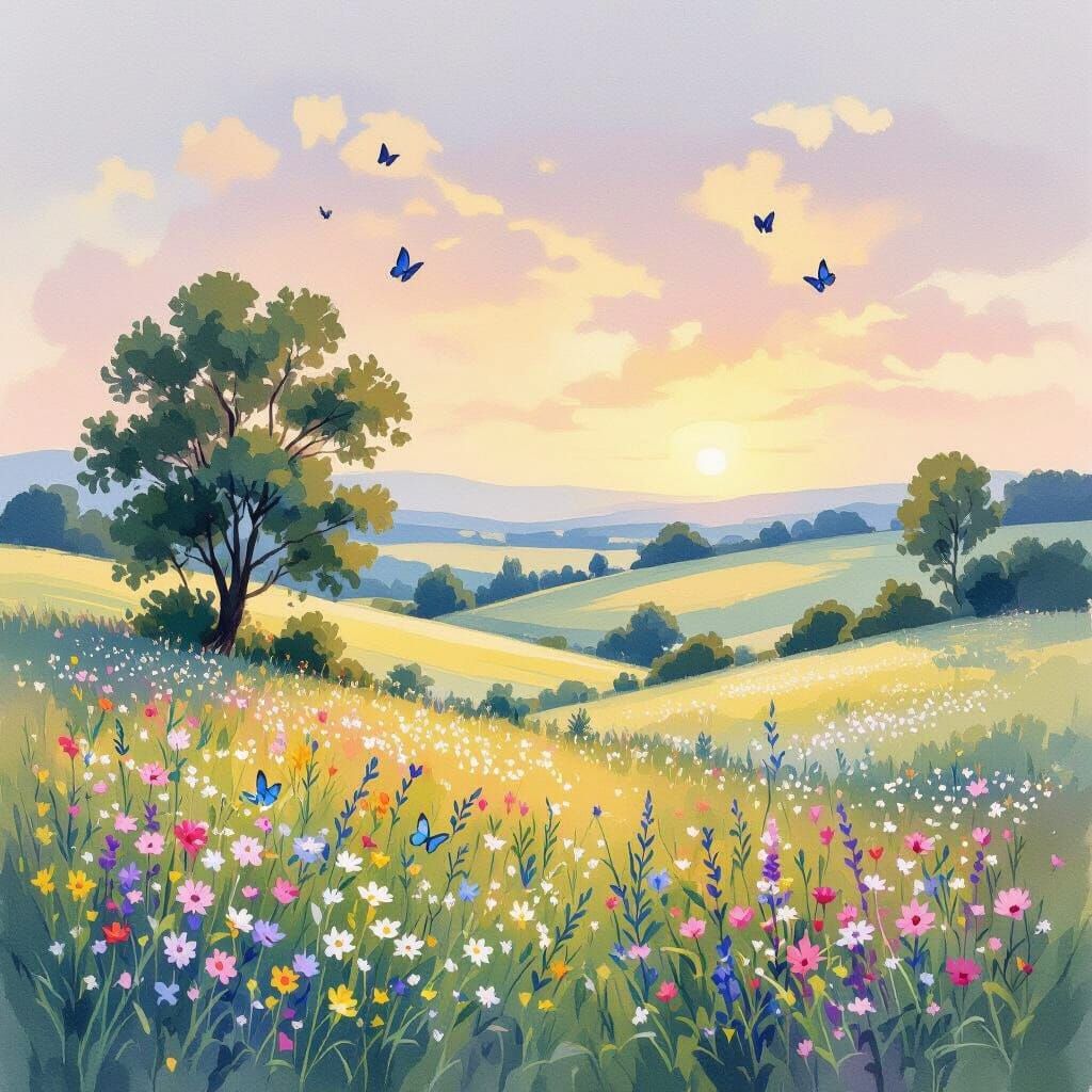 Whimsical Dawn Landscape with Wildflowers in Watercolor