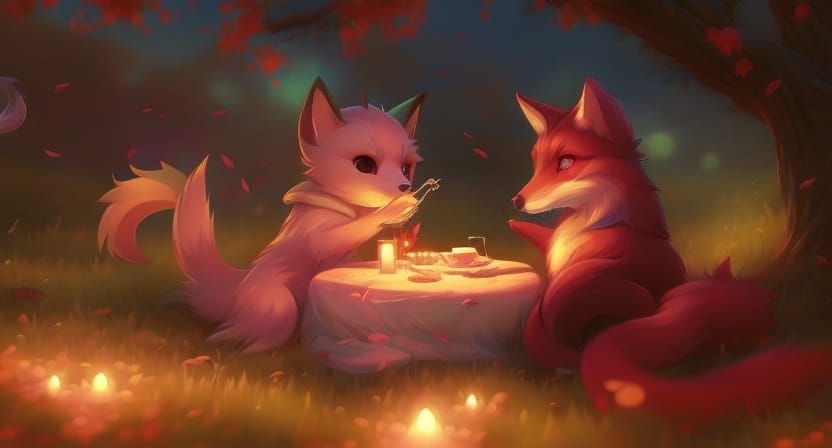 Fox Sipping Tea in Autumnal Tea House