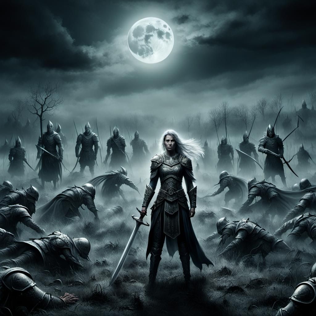 Female Warrior in Field of Fallen, Dark Fantasy Art
