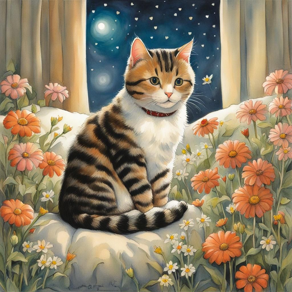 Cute Cat with Flowers in Children's Book Style
