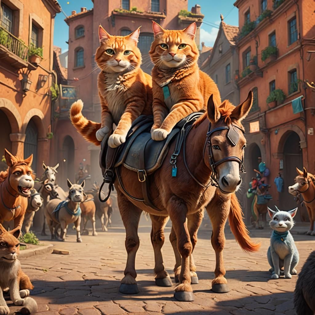 Ginger Cat Rides Donkey: Pixar-Style 3D Art