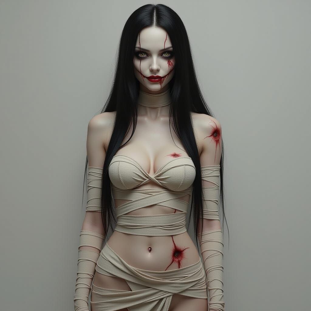 Ethereal Creature: Pale Skin, Shadow Hair, and Hidden Fangs