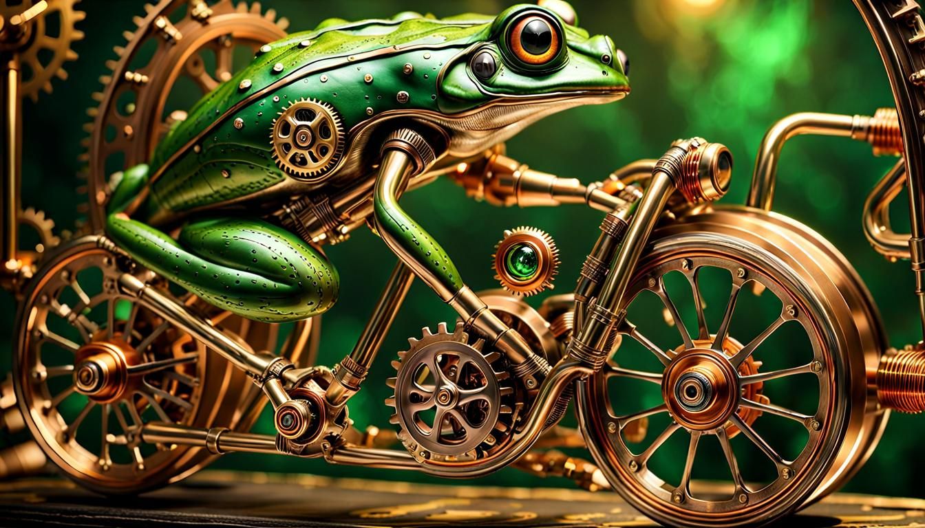 Steampunk Frog Exercising on Running Bike