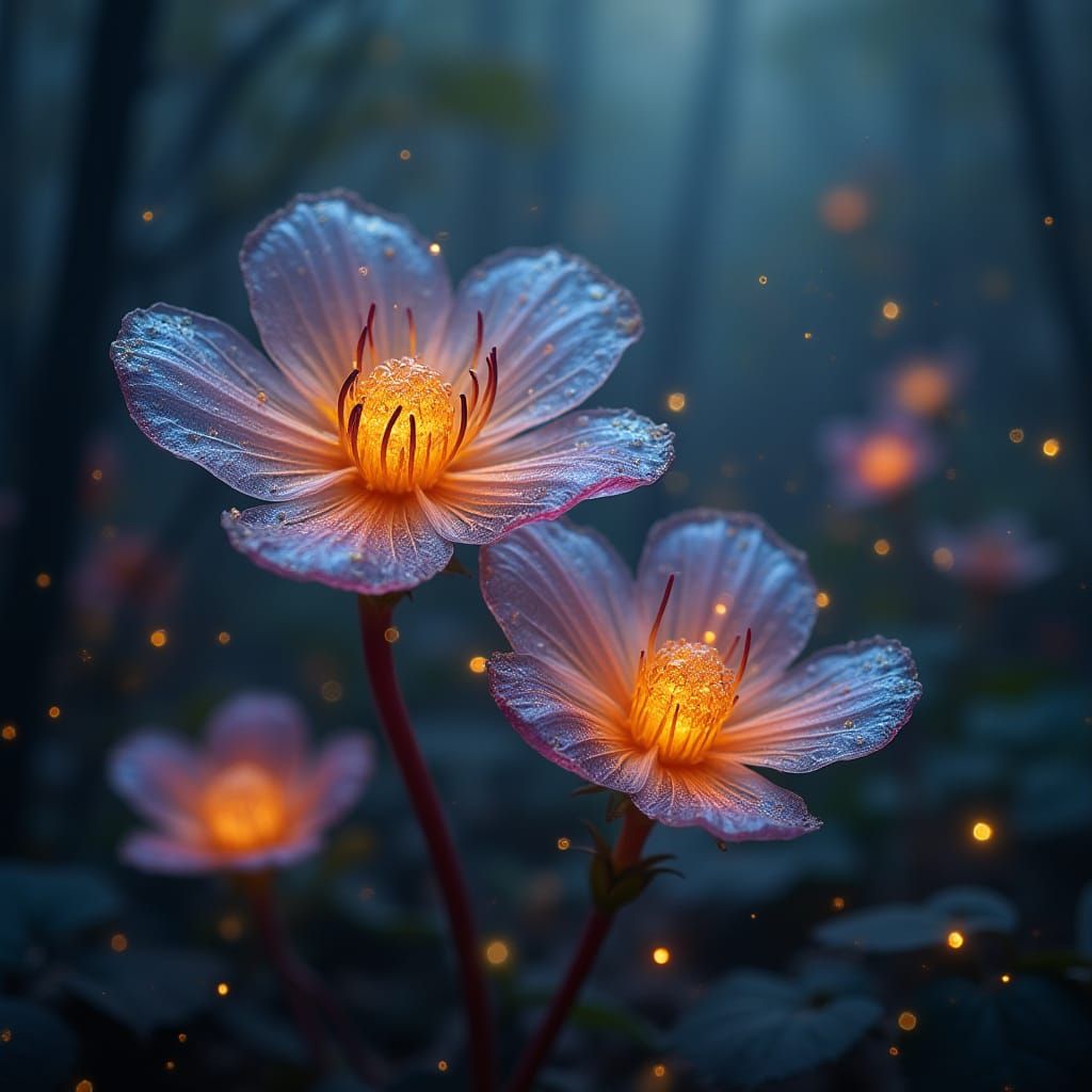 Rainbow Glass Flowers in a Dark Forest Glow