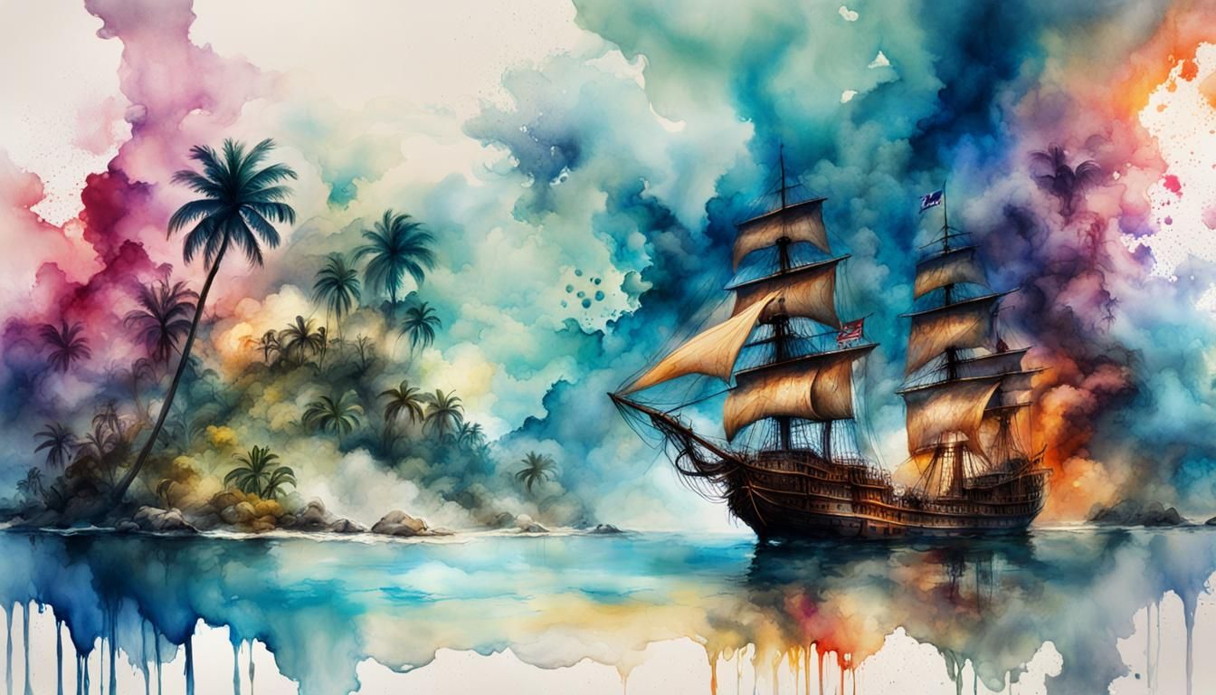 Caribbean Pirate Island Oasis in Watercolor Style