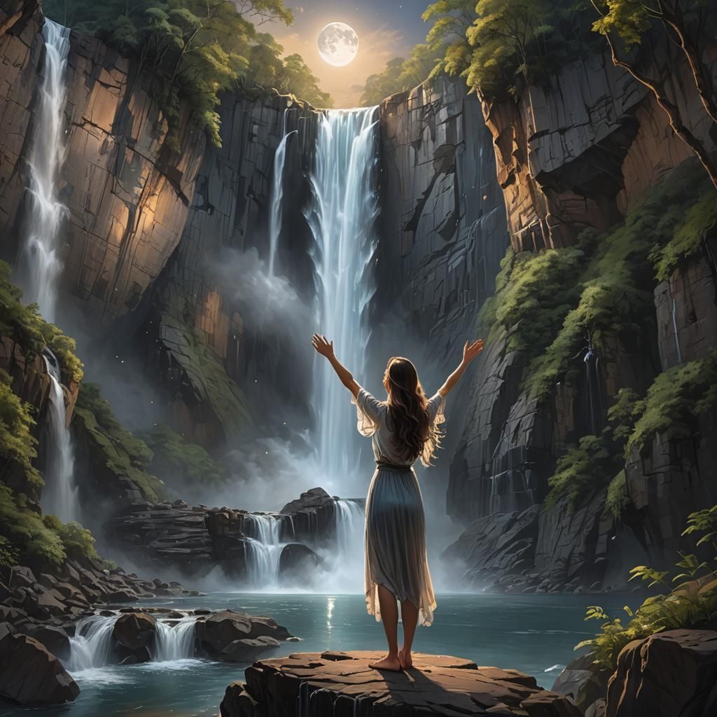 Moonlit Woman at Waterfall in Glass Art Style