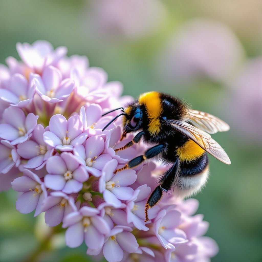 Bumblebee on Purple Flowers in Abstract Style