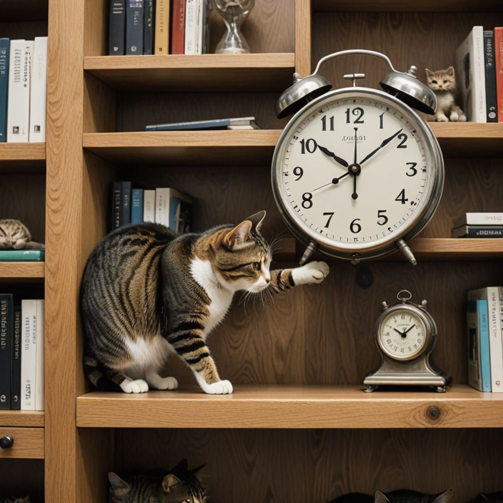 A cat slowly pushing a clock off a shelf