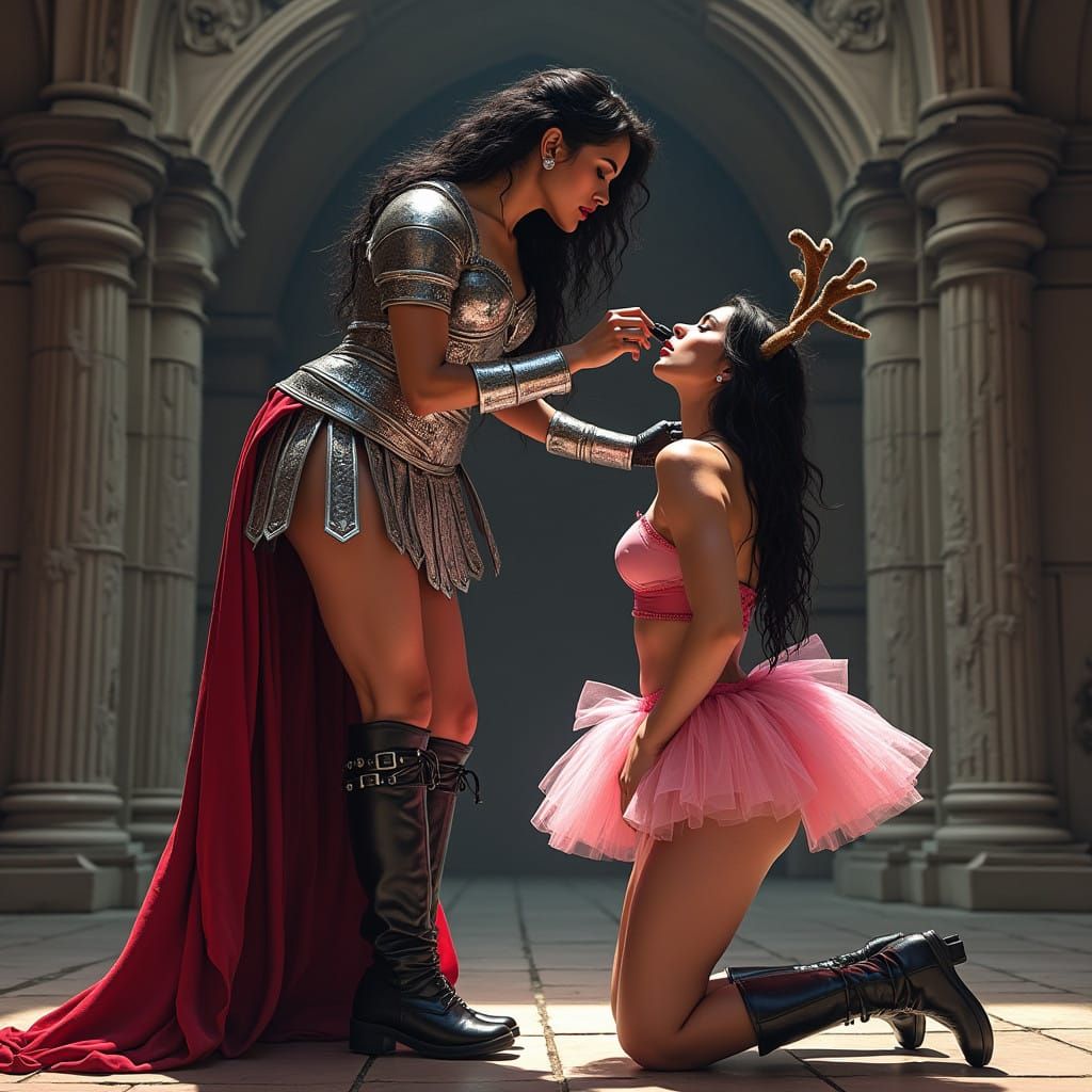 Sensual Gladiator Mistress Applies Lipstick to Kneeling Siss...