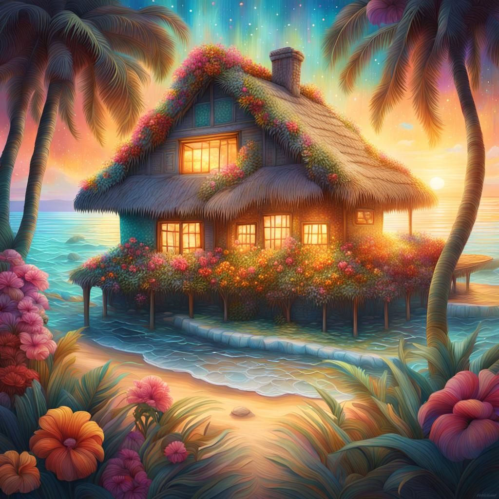 Surreal Beach Cottage in Cosmic Illustration Style