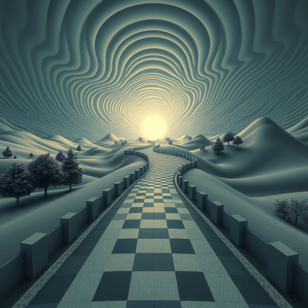 Surreal Landscape with Checkerboard Path, Optical Art