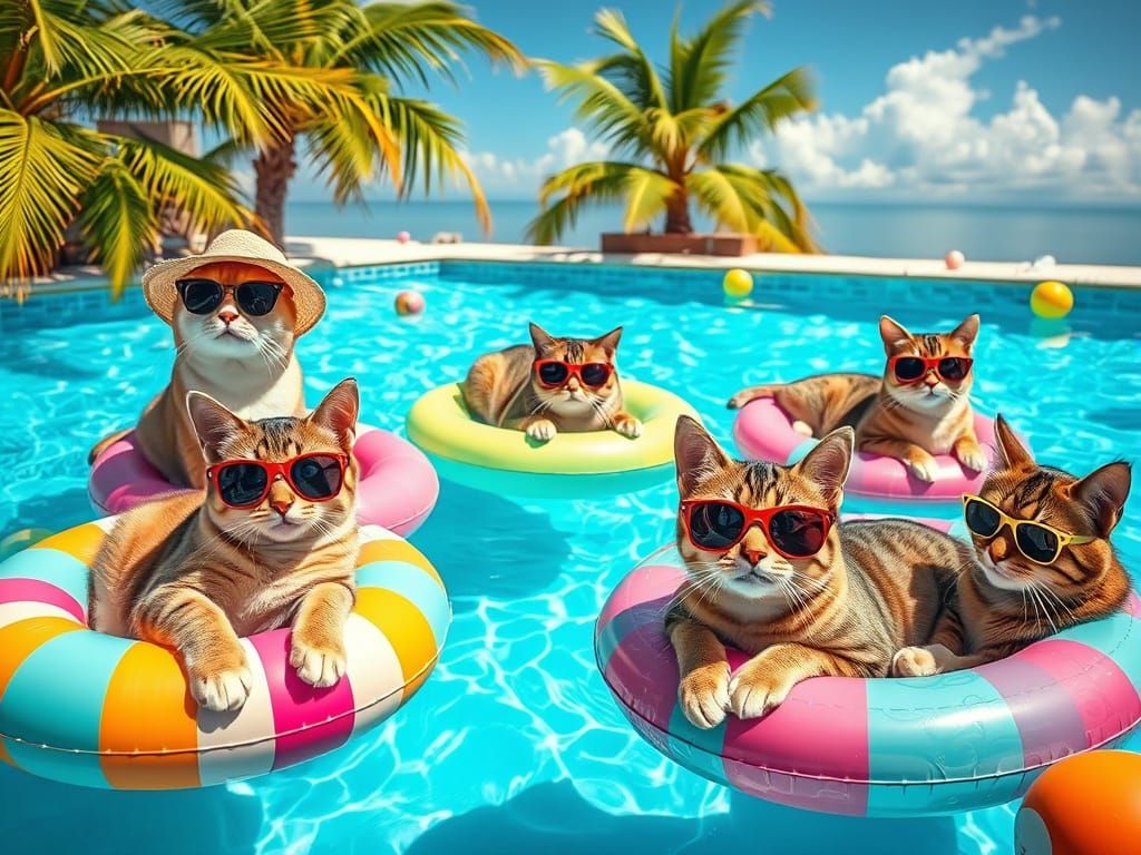 Cats Pool Party in Realistic Photography Style