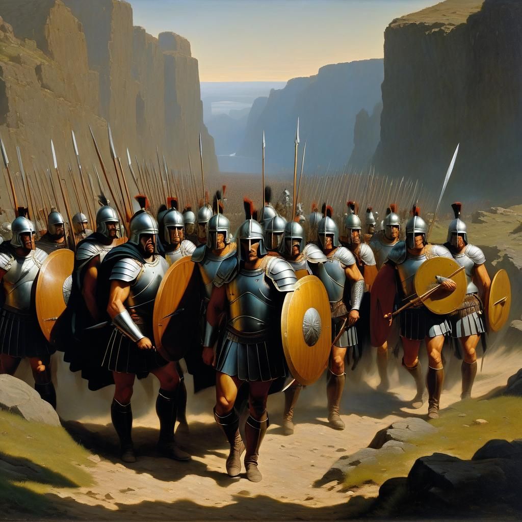 Spartan Phalanx in Rocky Landscape as Baroque Painting