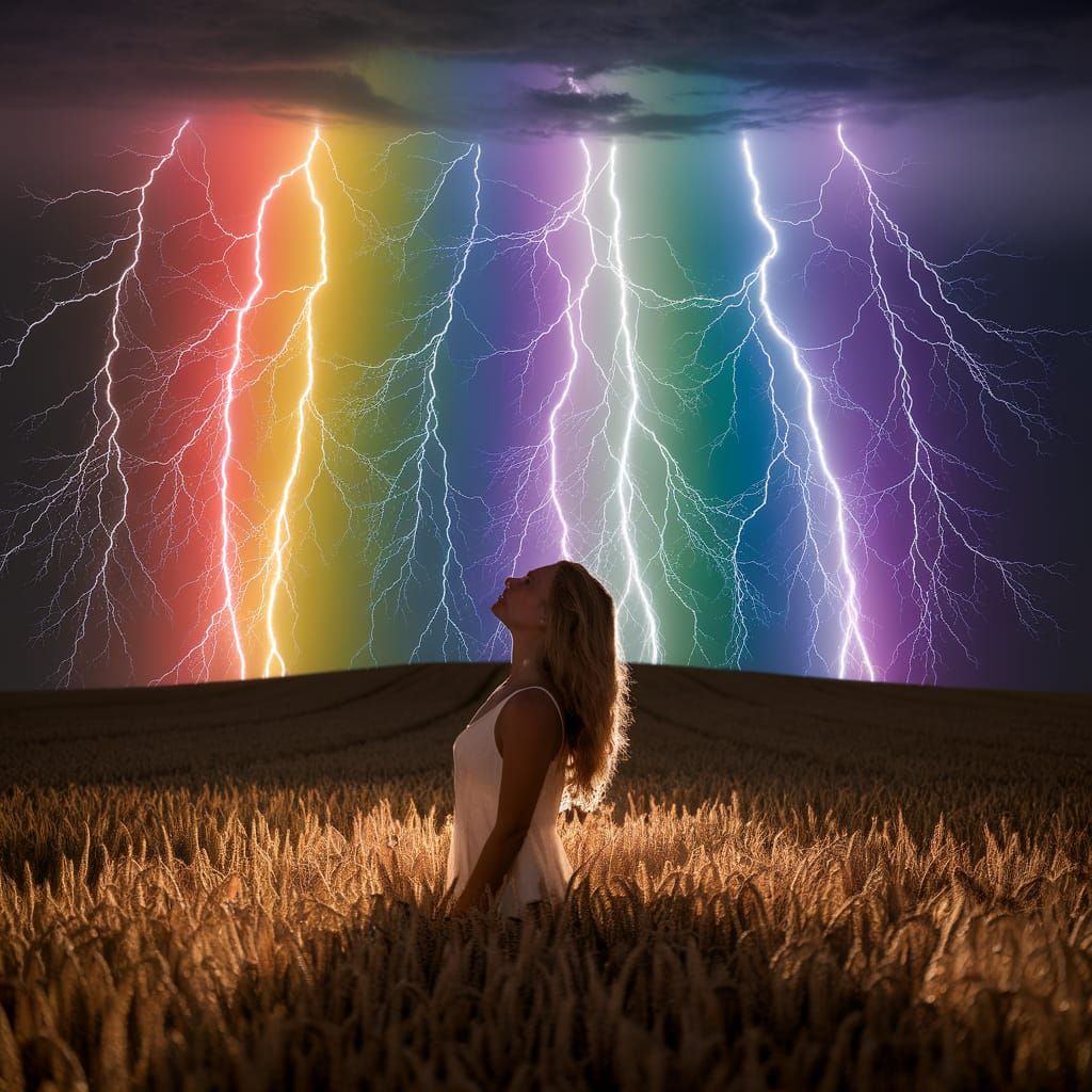 Woman in Rainbow Lightning Storm