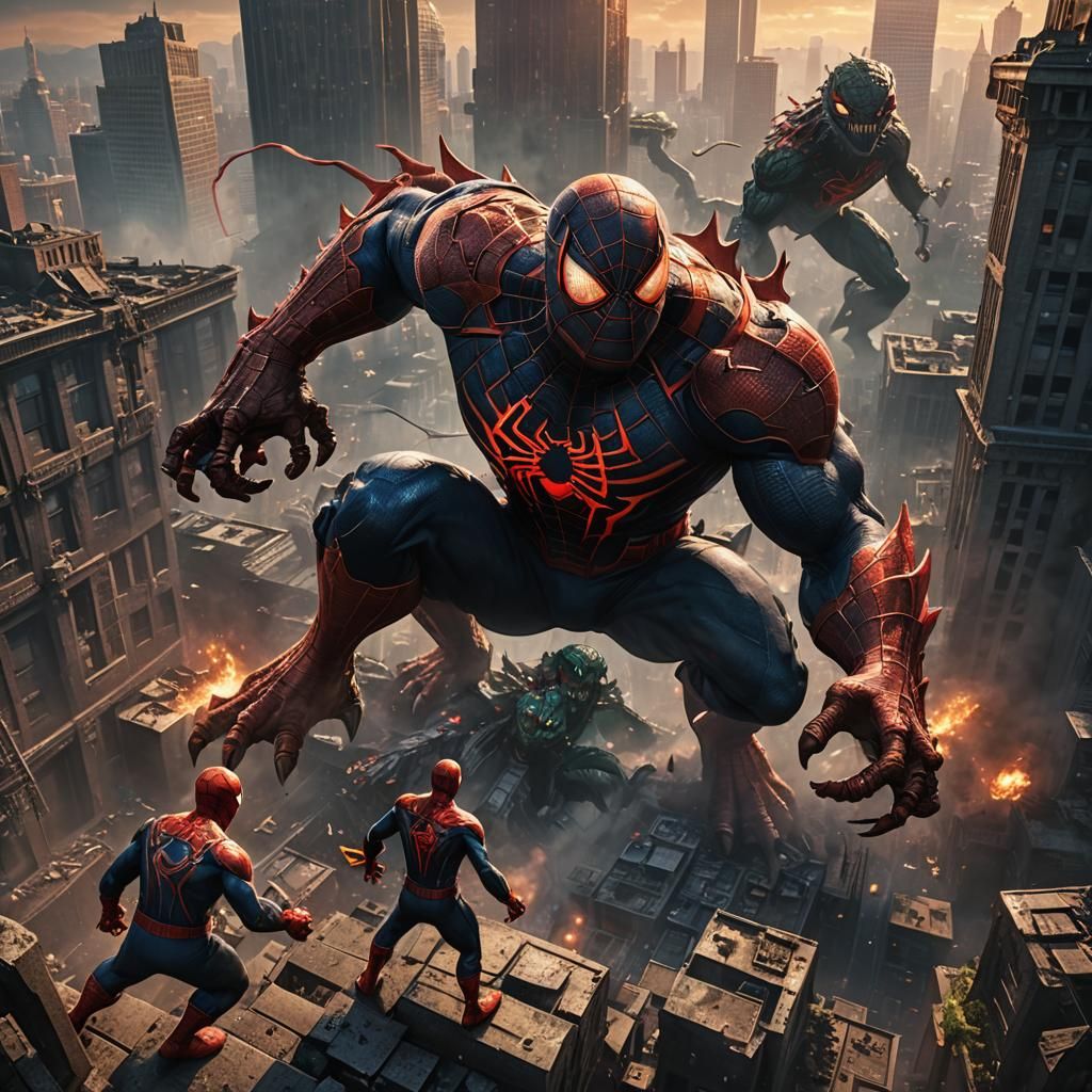 Spiderman Battles Kaiju in Ruined City