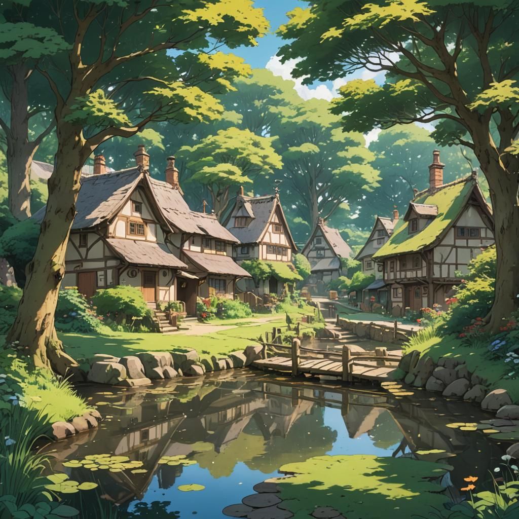 Redwall-Style Woodland Village Sketch in Anime Style