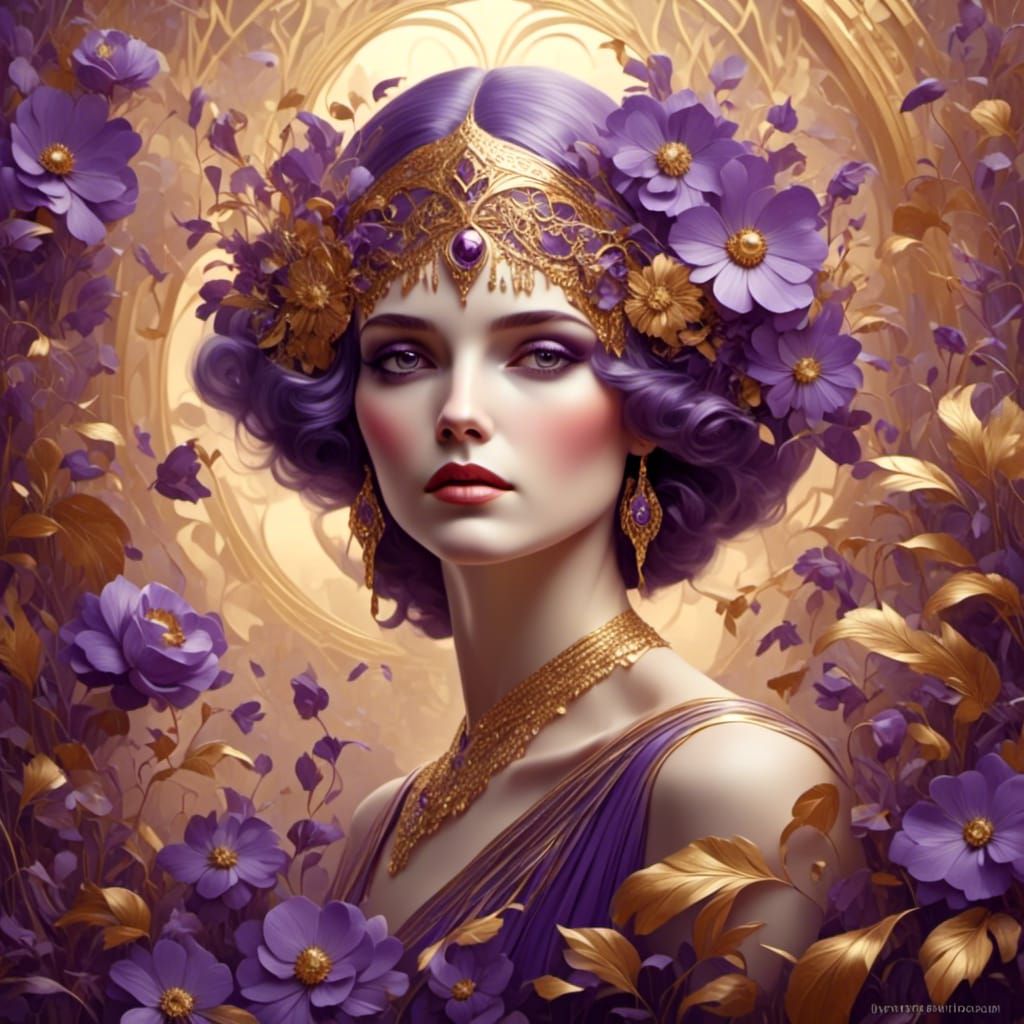Woman with Flowers: Ethereal Art Deco 3D Render
