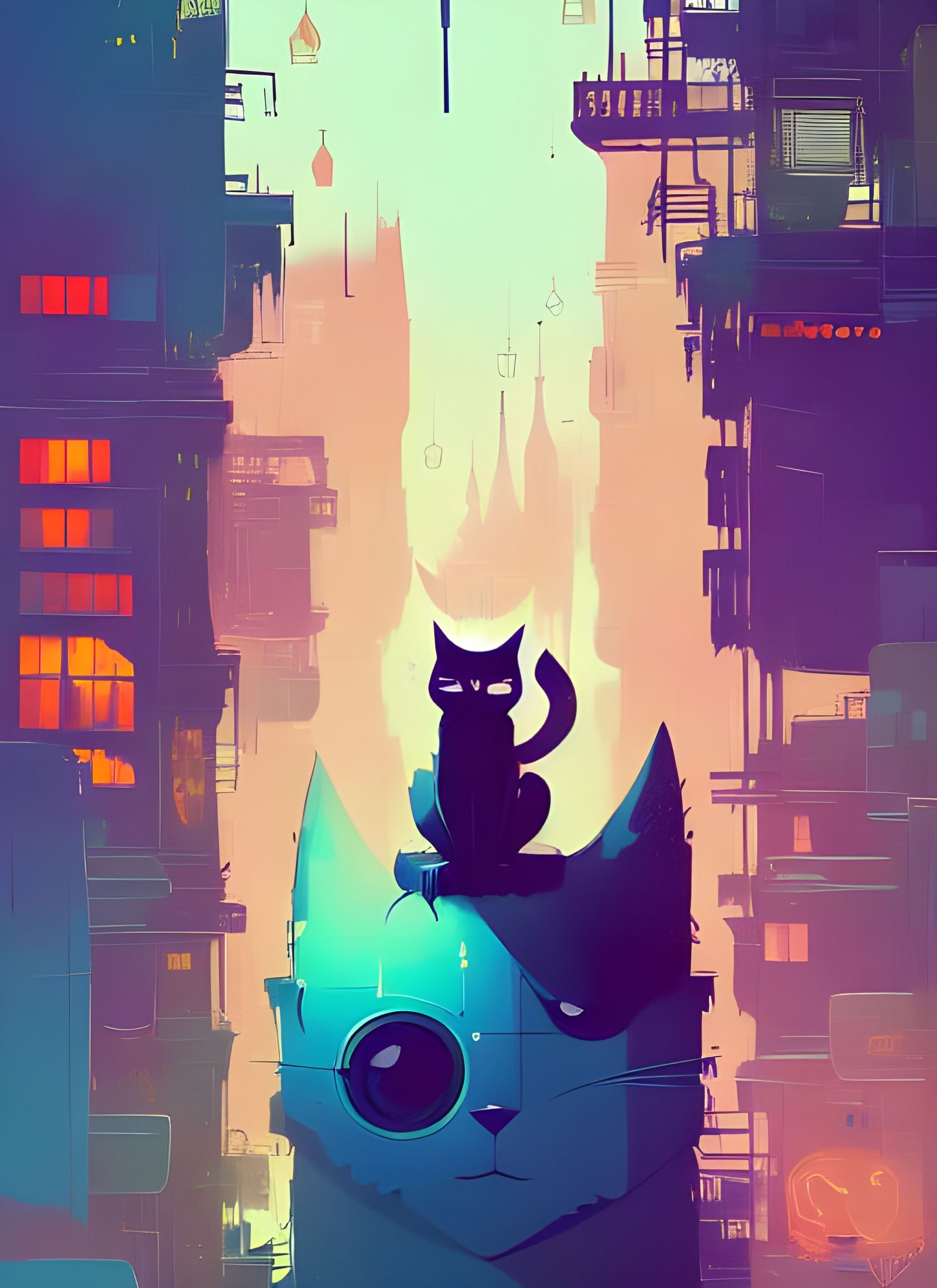 Anthropomorphic King Cat in Cityscape, Composite Art