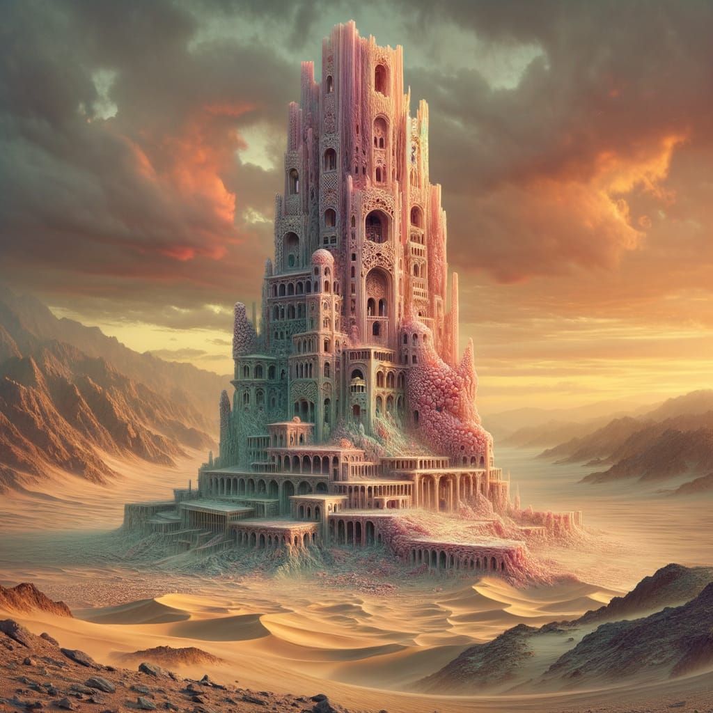 Ethereal Coral Tower in Ancient Desert Landscape