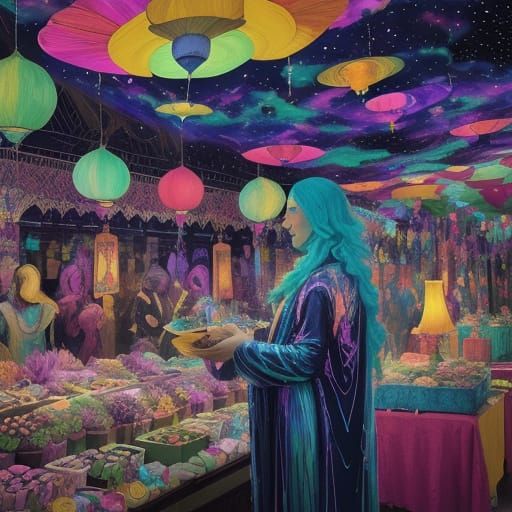 Elegant Alien Shops in Whimsical Interstellar Market Bazaar