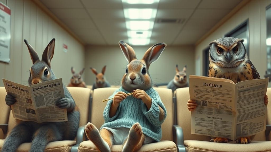 Forest Creatures in a Doctor's Waiting Room, Photorealistic