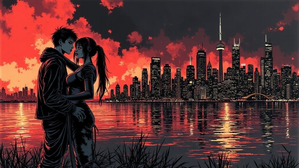 Young Couple Embracing in Apocalyptic Toronto
