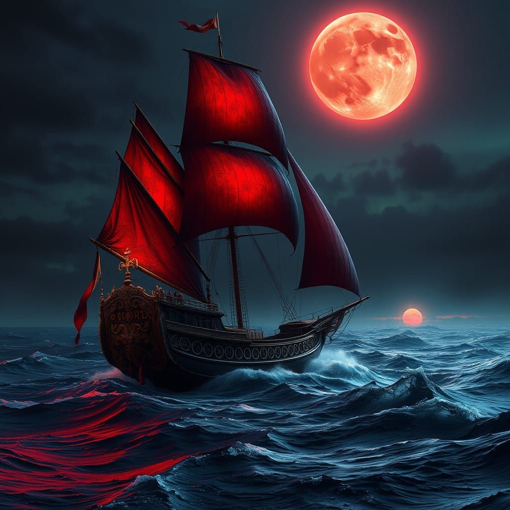 Majestic Sailing Vessel Under Crimson Moon